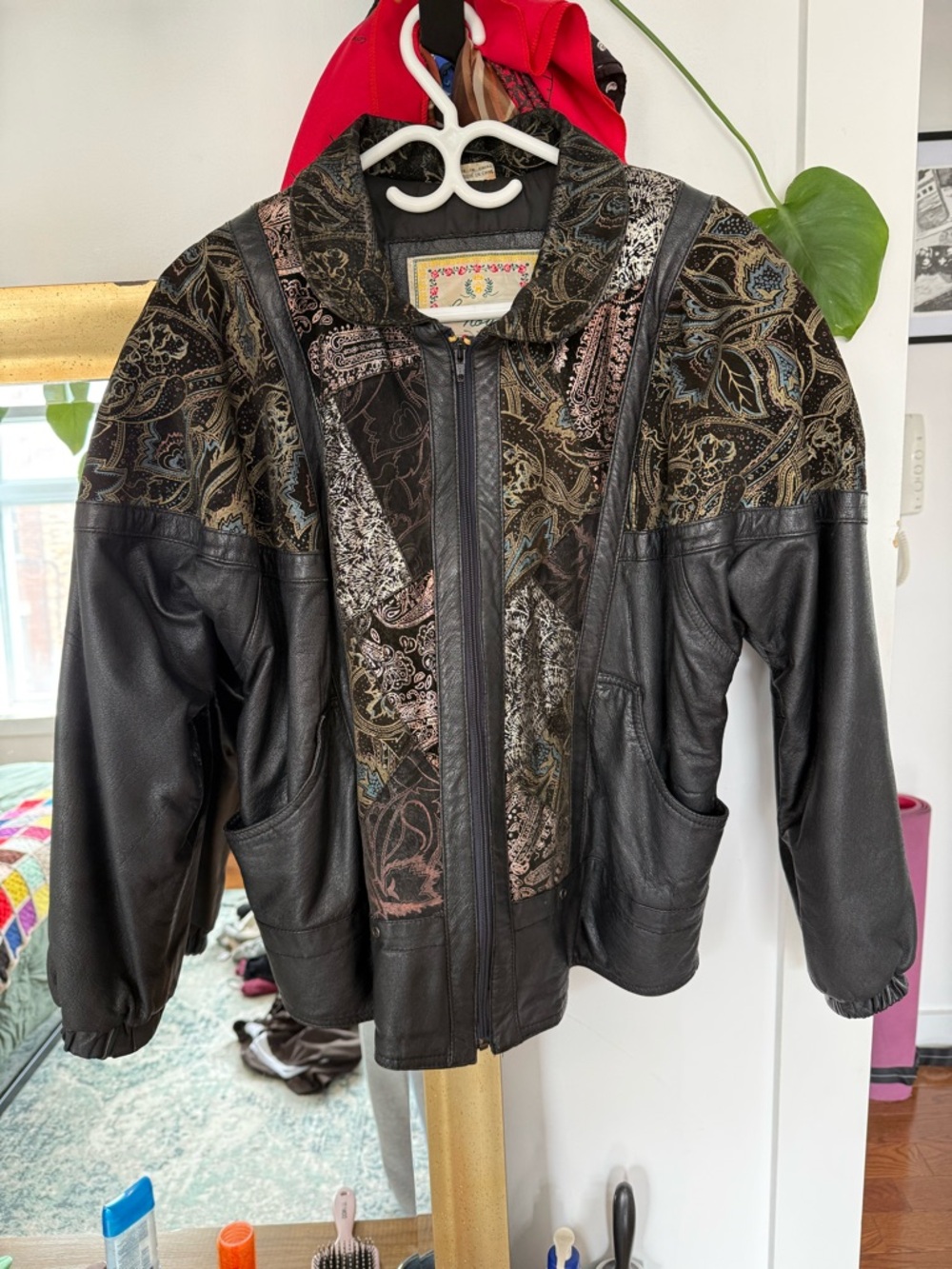 Women's Black Patterned Leather Bomber Jacket